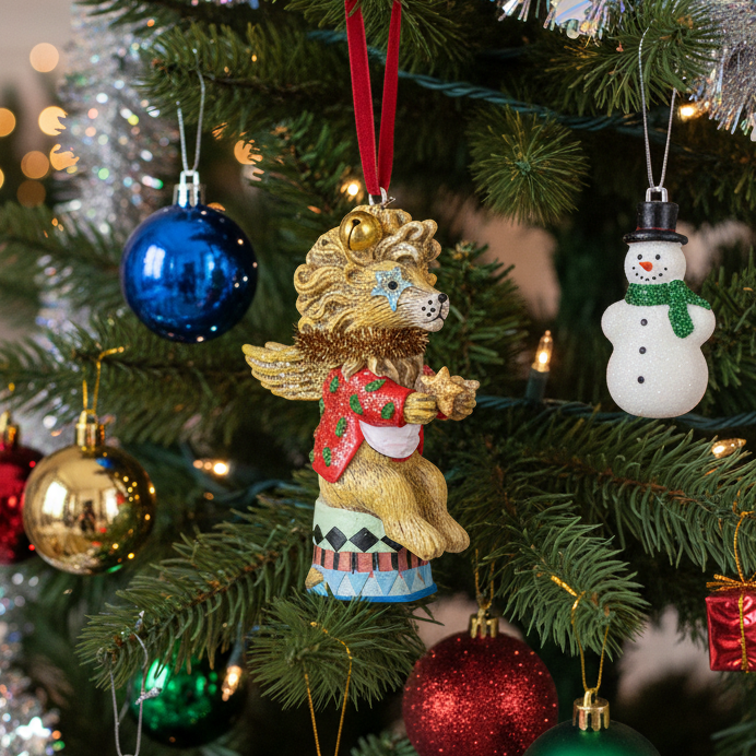A gold angel lion Christmas ornament wearing a red glitter vest sat on a blue patterned stool, hanging on a decorated Christmas tree with gold bauble, a snowman ornament, and red and green lights.
