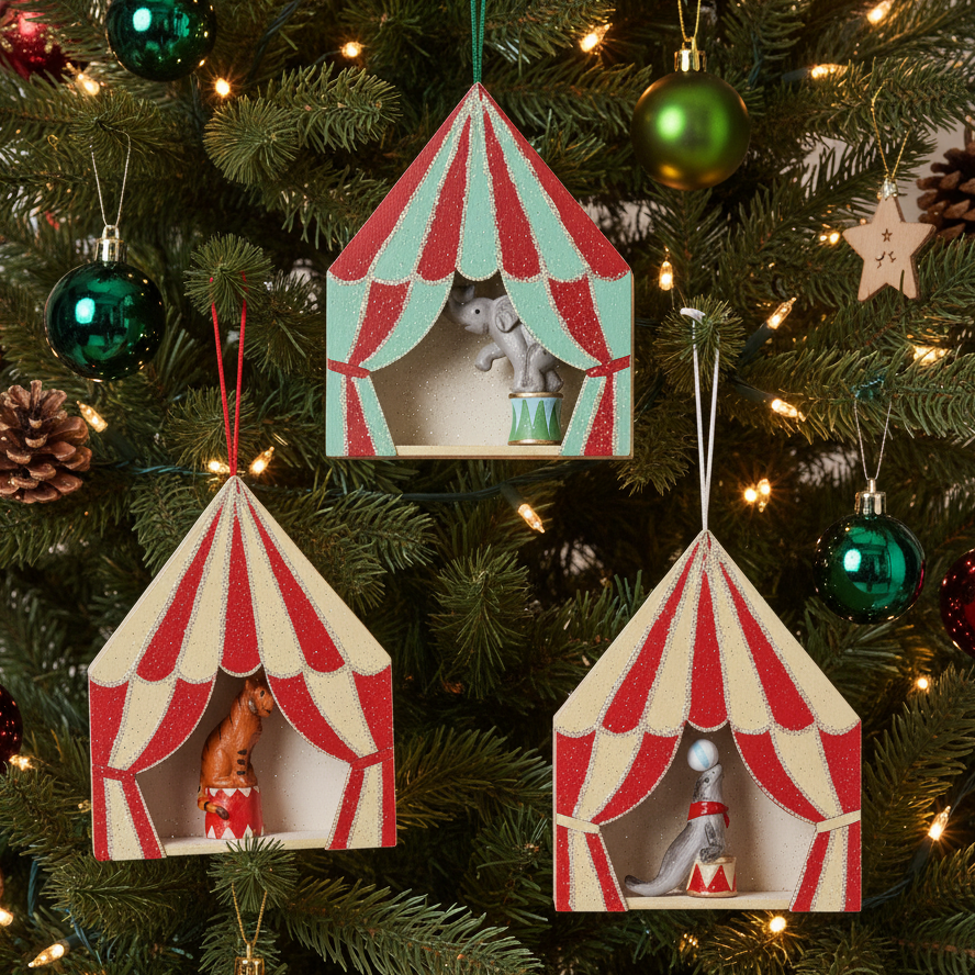 Three wooden circus tent Christmas ornaments with red and cream stripes hang on a lit Christmas tree. One tent features a gray elephant on stage, while the other two feature small figurines inside.