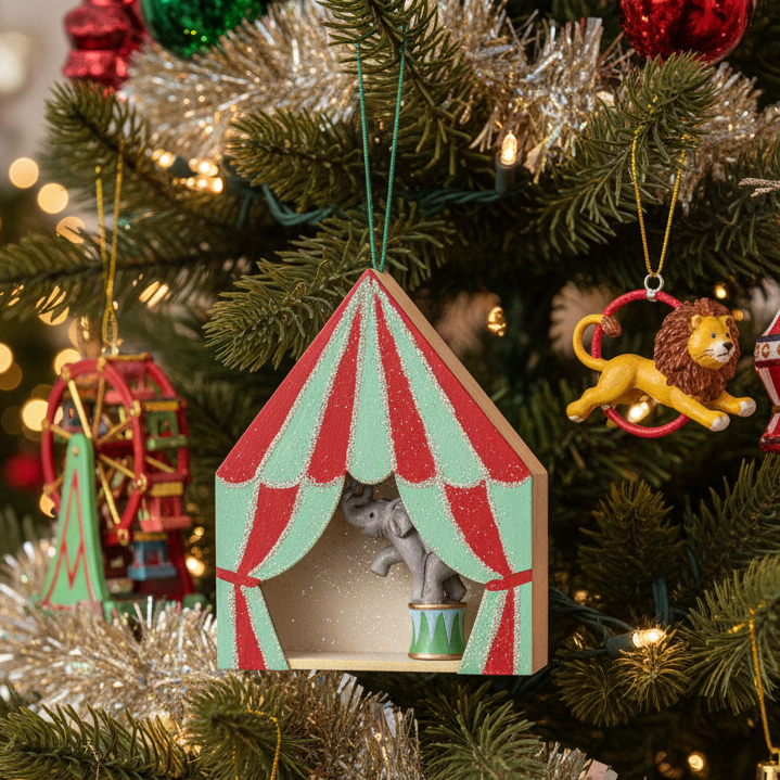 A miniature circus tent hanging ornament featuring a red and mint green striped circus tent design with glittery finish, a small grey elephant figurine inside, and a decorated drum on a light wood base.