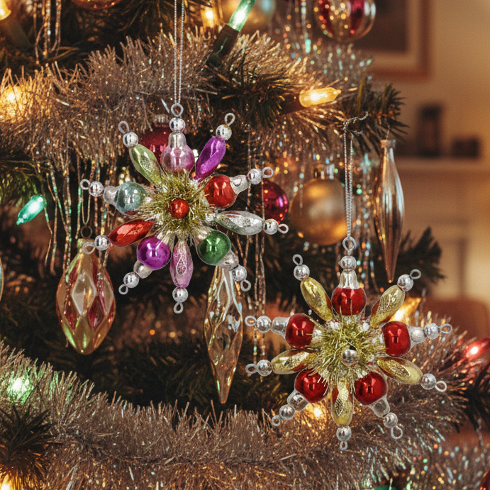 Two decorative Christmas tree ornaments hanging on a lit Christmas tree. One ornament is a multicolor faceted snowflake with purple, green, red, and silver details, and the other is a gold and red snowflake with silver hanging beads.