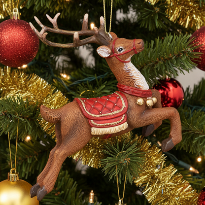 A decorative Christmas ornament shaped like a leaping brown deer with large antlers, wearing a red harness and quilted red saddle blanket with gold trim, Christmas tree background
