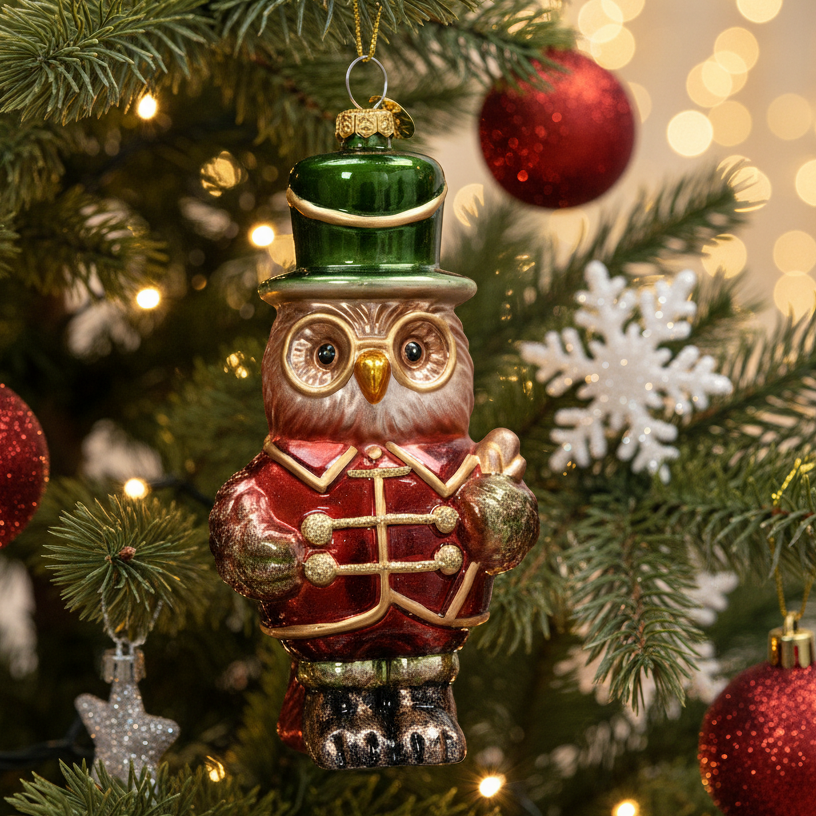 Nutcracker Owl Glass Christmas Hanging Decoration