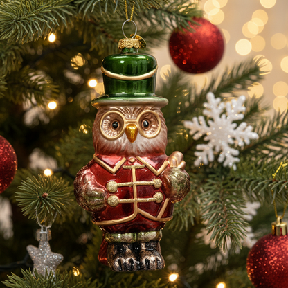 Nutcracker Owl Glass Christmas Hanging Decoration