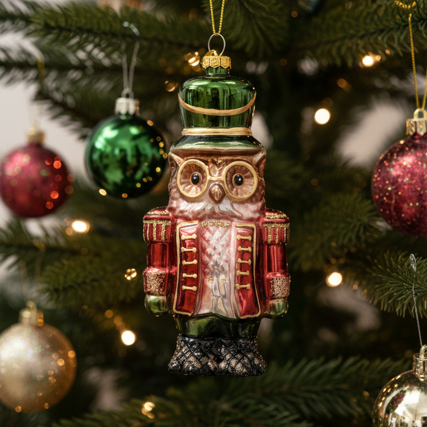 Nutcracker Owl Glass Christmas Hanging Decoration