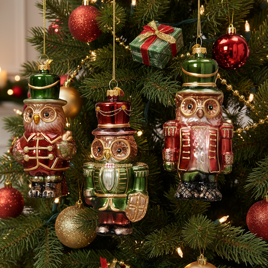 Nutcracker Owl Glass Christmas Hanging Decoration