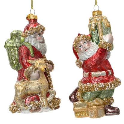 Two festive Christmas ornaments featuring Santa Claus and reindeer on a white background.
