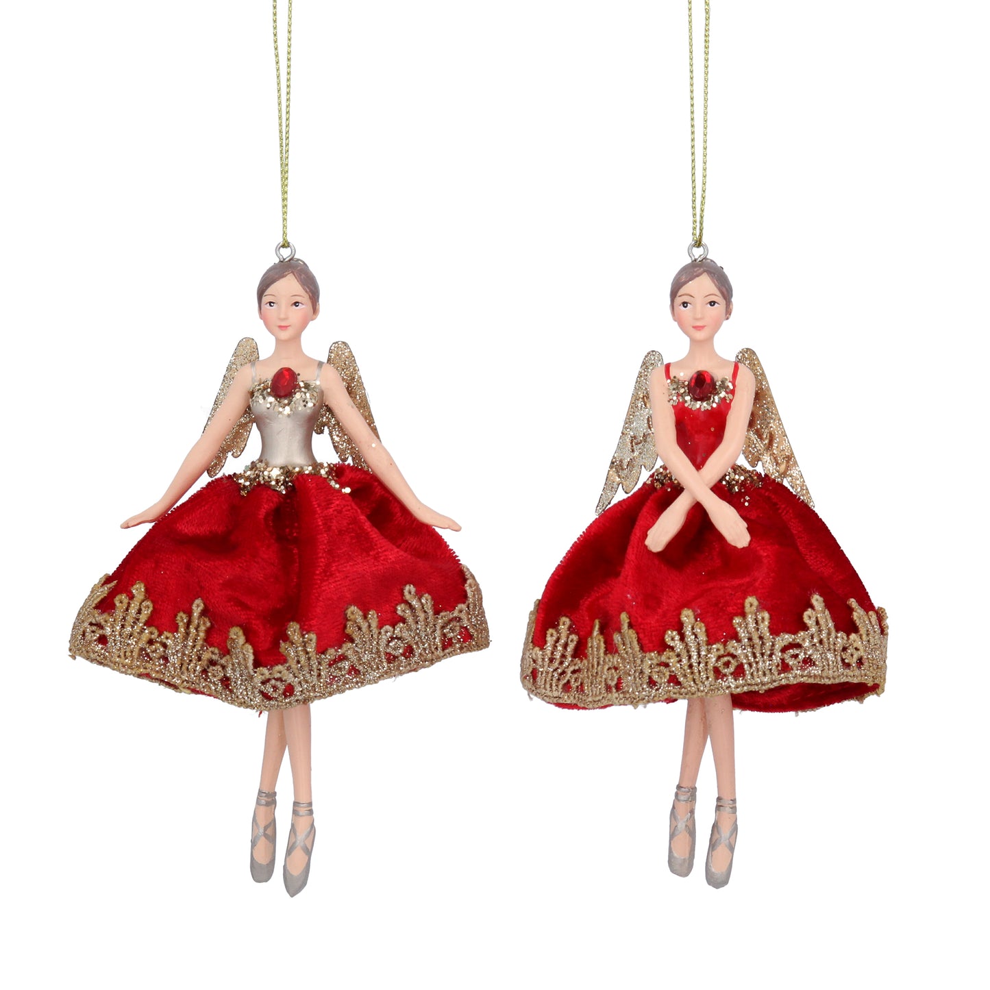 Two red ballet fairy hanging Christmas tree decorations with gold, red, and white colors and fairy wings.