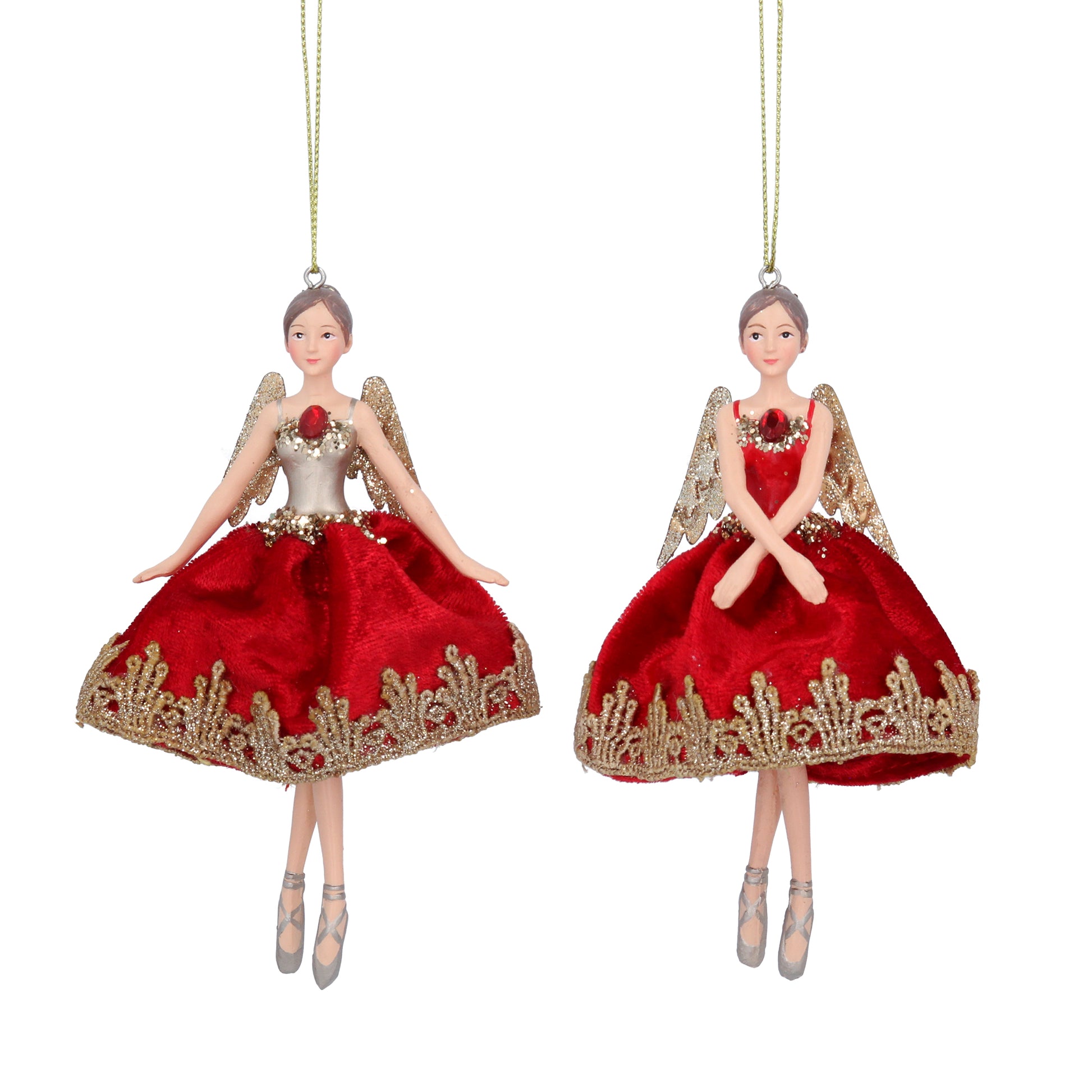 Two red ballet fairy hanging Christmas tree decorations with gold, red, and white colors and fairy wings.