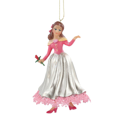 Ornament of a belle in a silver dress with pink accents on a white background