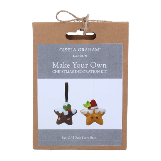 Packaging of a craft kit containing materials to make your own Santa and Christmas Pudding shaped felt stars for decorating a Christmas tree.