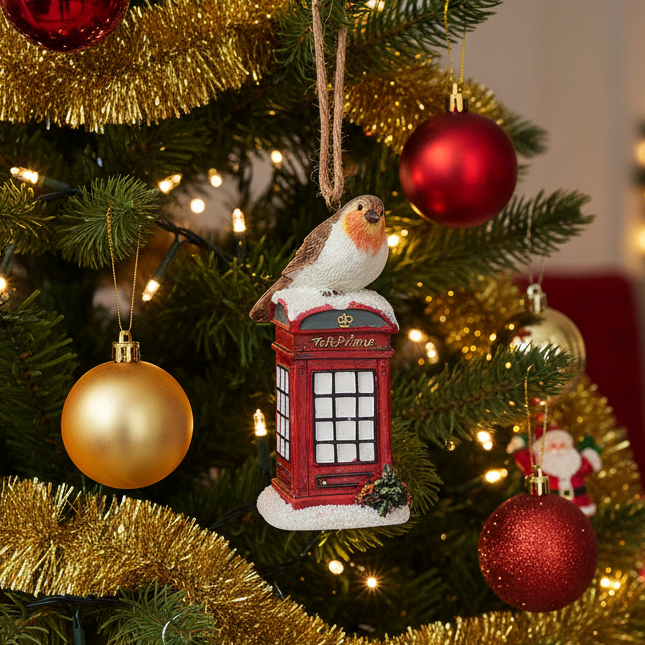 A Christmas ornament shaped like a robin perched on a red telephone booth, hanging on a decorated Christmas tree with gold tinsel, red and gold baubles, and warm string lights.