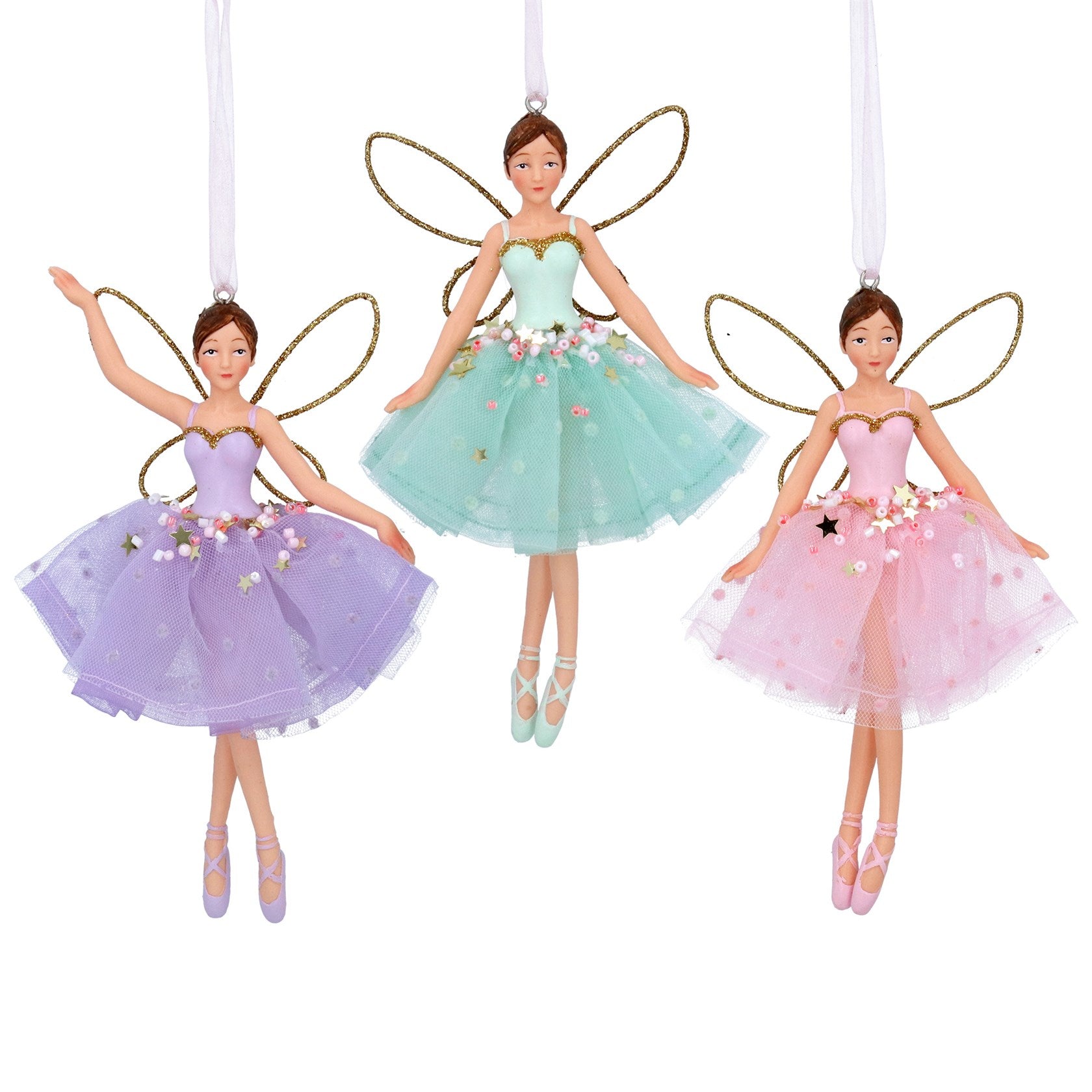 Three fairy ornaments in purple, green, and pink dresses with gold wings on a white background.