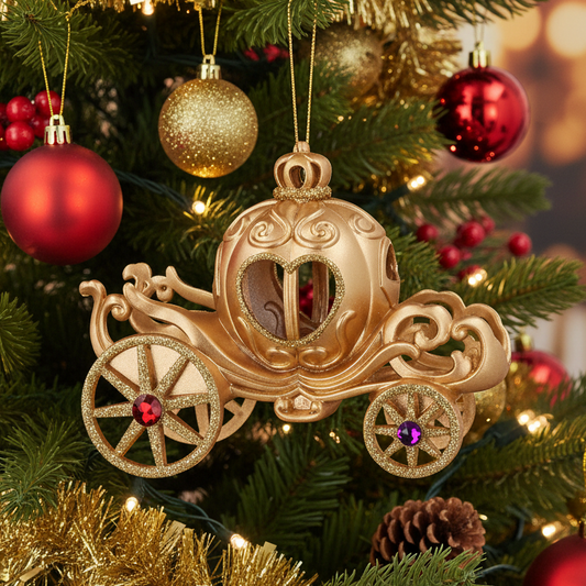 A gold ornamental carriage Christmas ornament hanging on a decorated Christmas tree with red and gold baubles.
