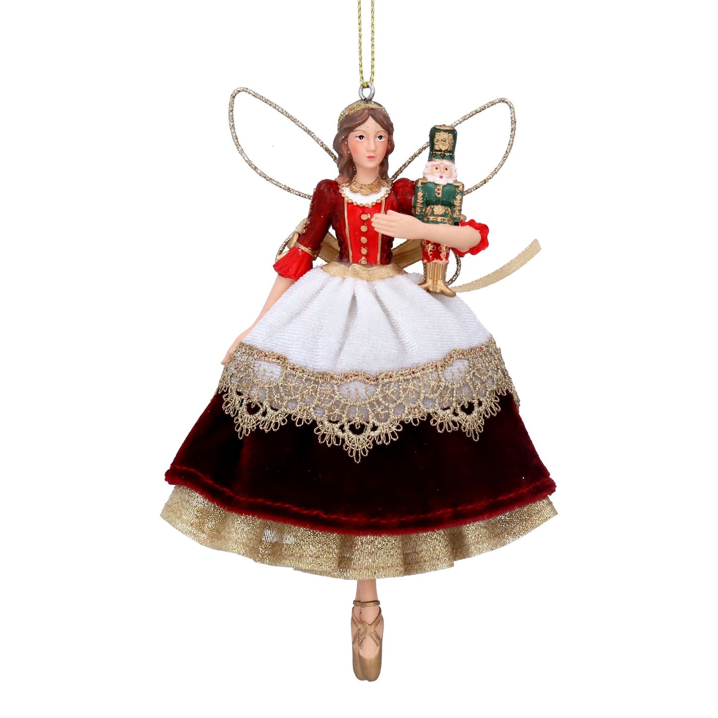 A Christmas fairy ornament featuring a female fairy in a red and white dress with gold lace trim, holding a nutcracker, set against a plain white background.