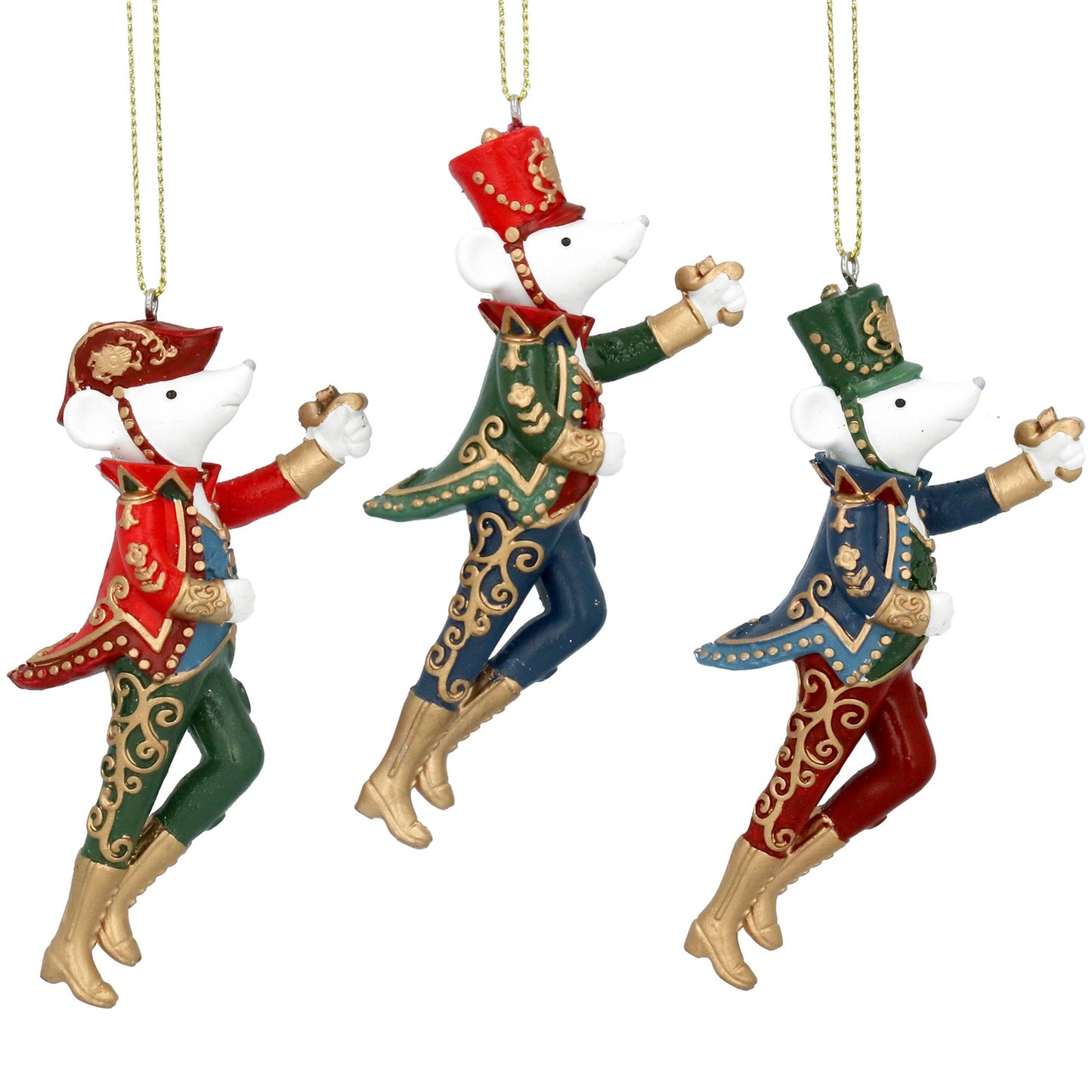 Three hanging Christmas tree decorations in the shape of mice wearing colorful jackets and performing a march.