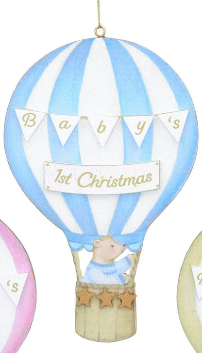 Baby's First Christmas Teddy On Balloon Wooden Tree Decoration