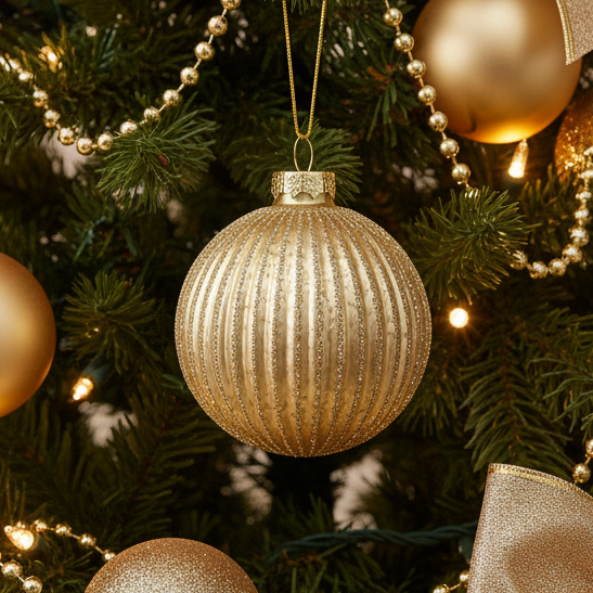 Gold Sparkle Ribbed Glass Christmas Bauble