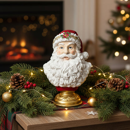A Santa Claus bust sculpture with a long white beard, red hat, and gold base, photographed on a desk in front of a computer monitor.