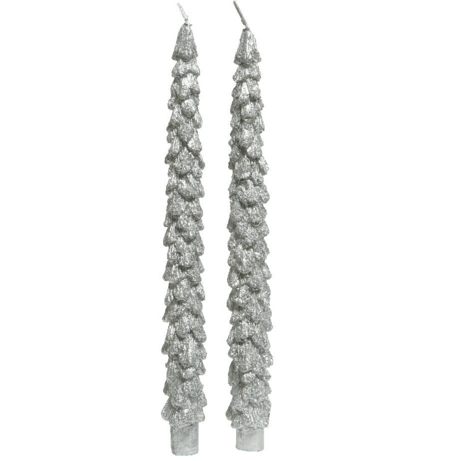 Silver Glitter Christmas Tree Dinner Candles