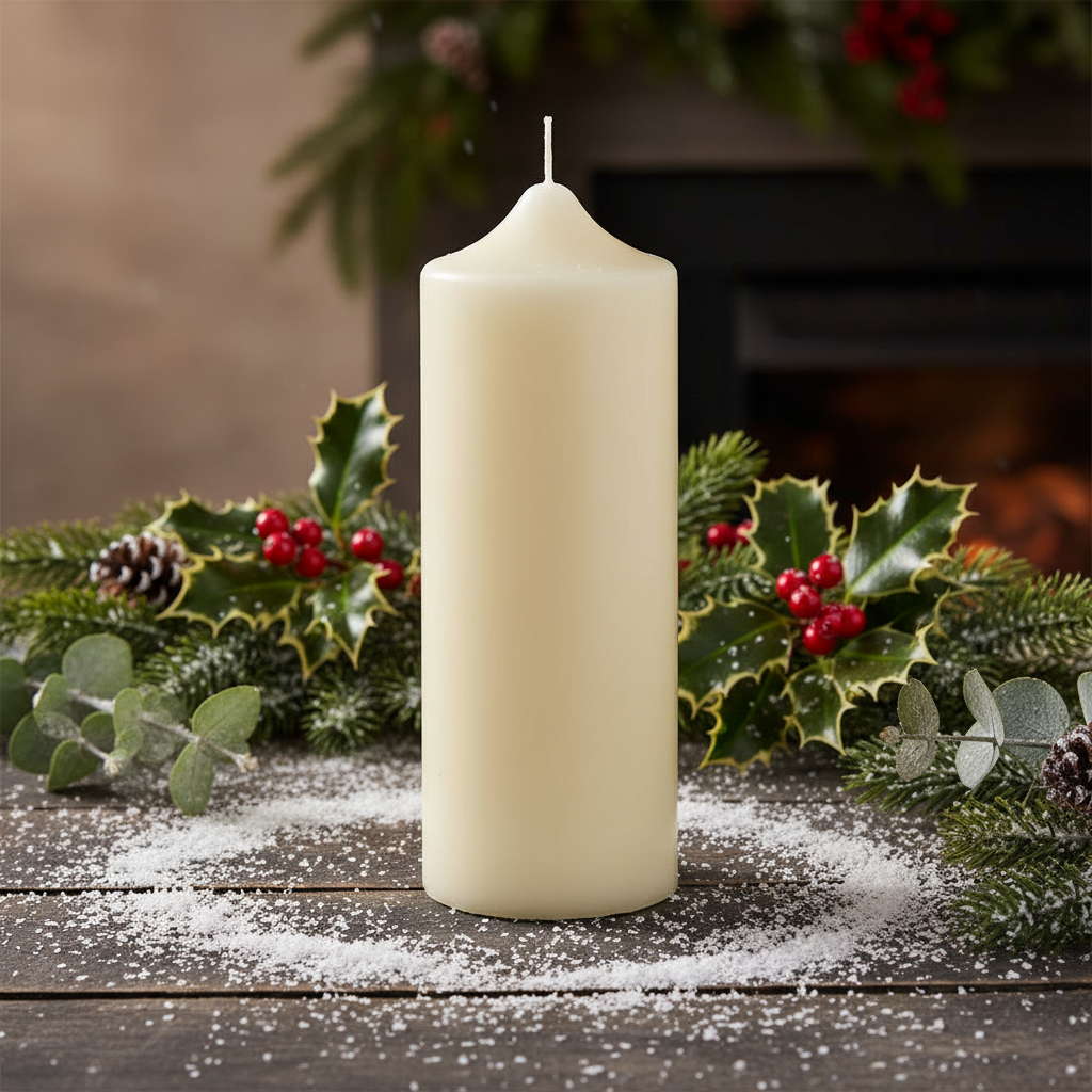A cream-colored paraffin wax church candle with a label indicating it is 20cm in height.