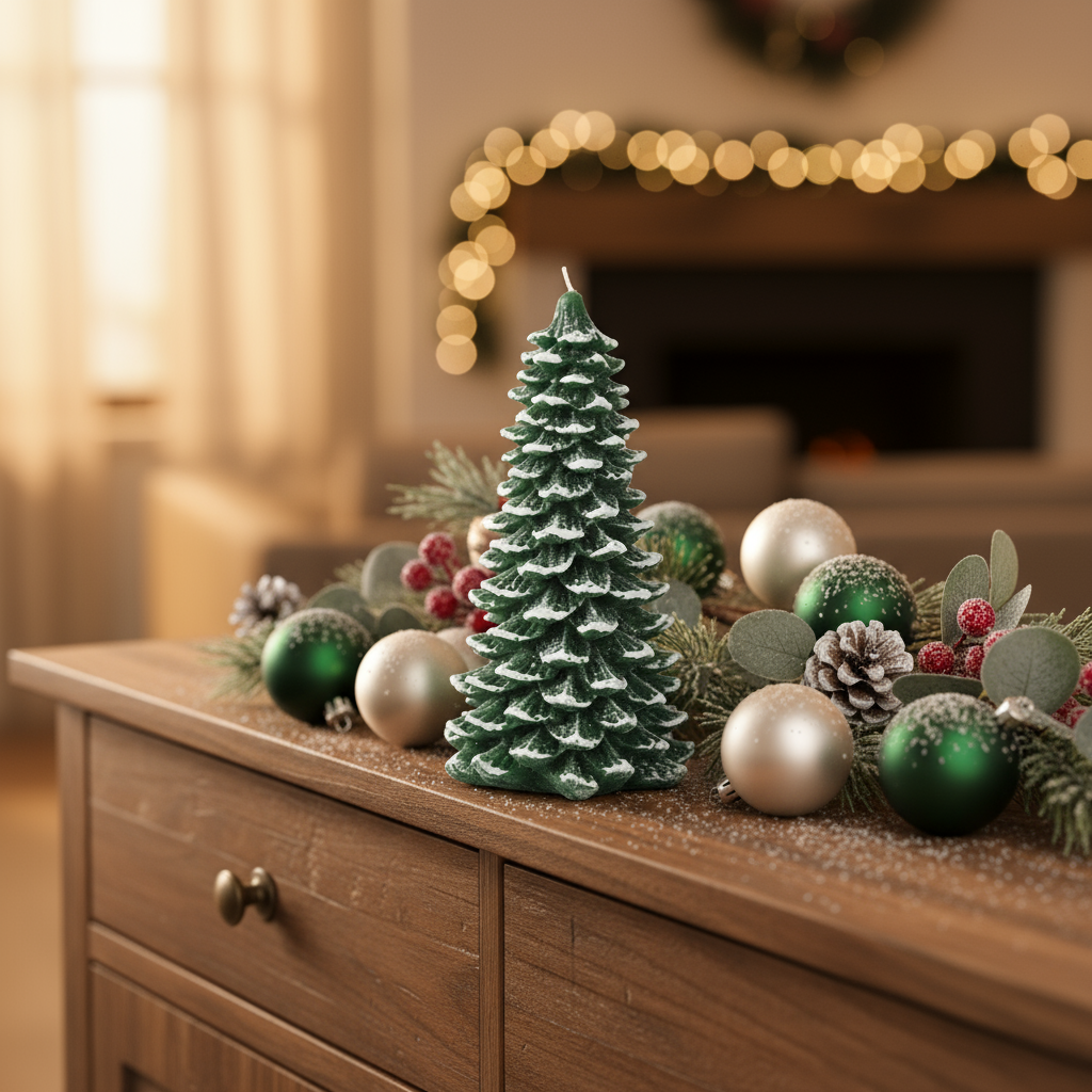 Green Snowy Christmas Tree Candle 16.5cm