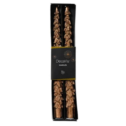 A set of two copper metallic Christmas tree design dinner candles, packaged in a black box with a decorative element on the label.