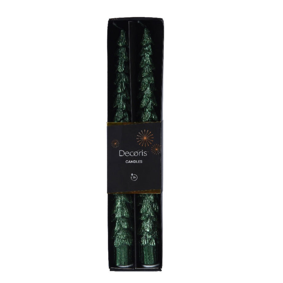 A set of two green metallic Christmas tree-shaped dinner candles in a black package with the brand name 'Decorlis' displayed.