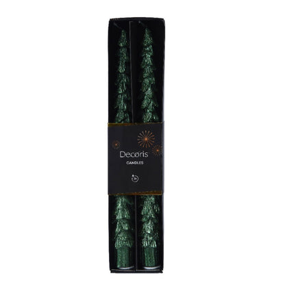 A set of two green metallic Christmas tree-shaped dinner candles in a black package with the brand name 'Decorlis' displayed.