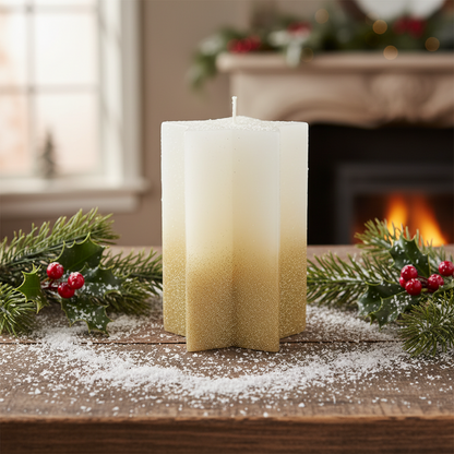 White with Gold Glitter Christmas Star Wax Candle 15cm
