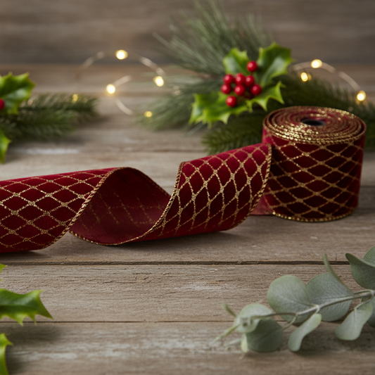 A length of burgundy velvet Christmas ribbon with gold glitter pattern, displayed on a flat surface.