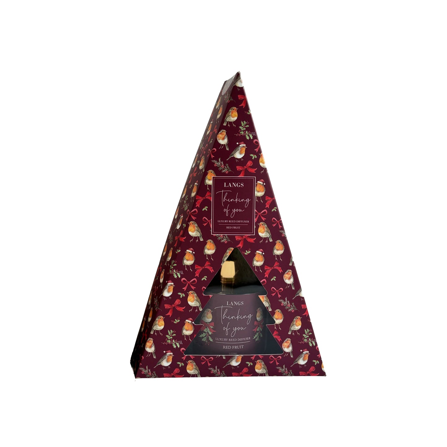 A triangular gift box package for a Langs 'Thinking of you' 100ml reed diffuser featuring a dark red pattern with robins and white text, set against a plain white background.