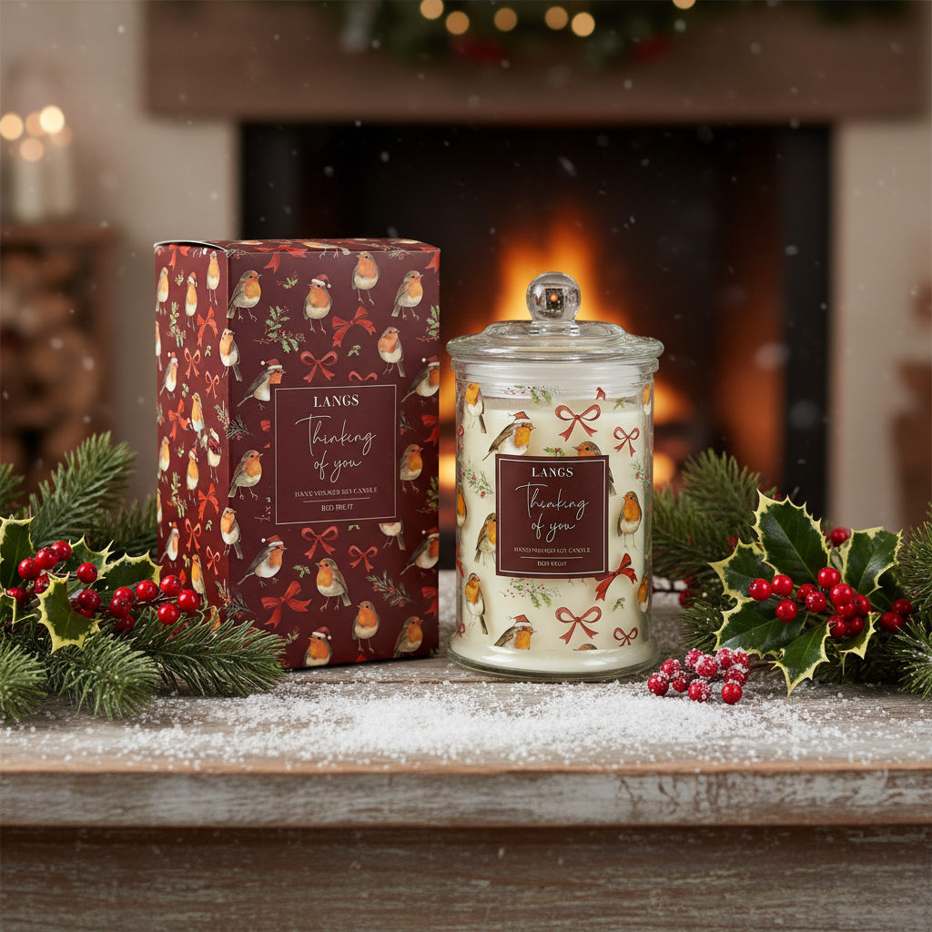 Glass Jar Scented Christmas Candle with Robin Design