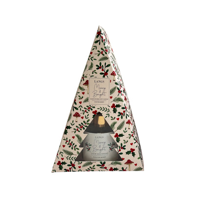 A triangular candle gift box from Langs, featuring a festive Christmas holly and berry pattern on a cream background, with a clear window showing product