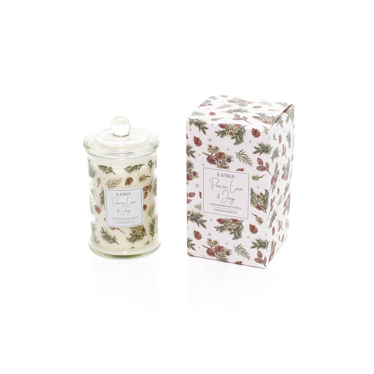 Pine & Eucalyptus scented candle in a clear glass jar with a lid, shown next to its matching patterned gift box on a white background.