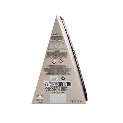 The back of a triangular cardboard package for a 100ml bottle, featuring product information, hazard symbols, and regulatory text, shown on a plain white background.