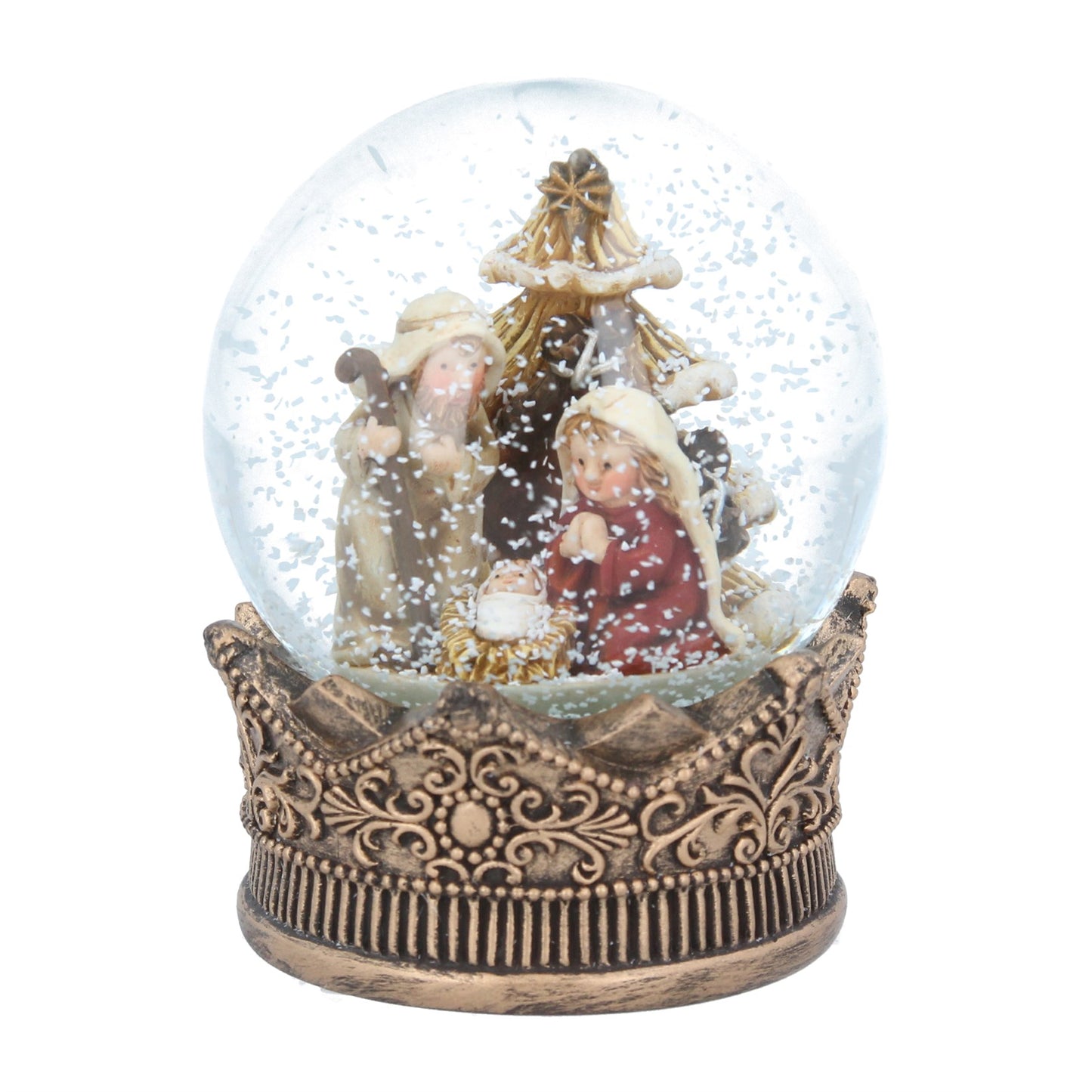 Decorative snow globe with Nativity scene inside on a white background