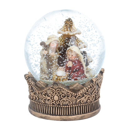 Decorative snow globe with Nativity scene inside on a white background