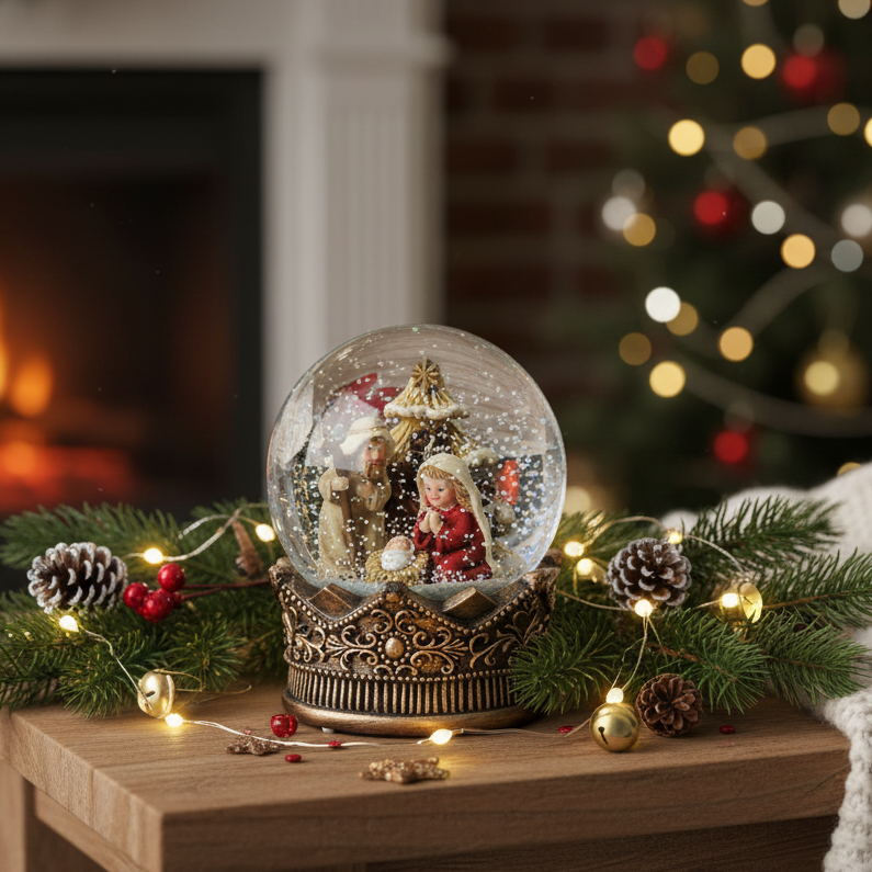 A decorative Christmas snow globe with miniature figurines sits on a wooden table surrounded by pine branches, pinecones, and warm string lights in a cosy holiday setting with a blurred fireplace and tree in the background.