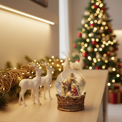 A Christmas snow globe with a miniature nativity scene sits on a light wood table next to two white reindeer figurines and a garland of lights, with a blurred decorated Christmas tree in the background.