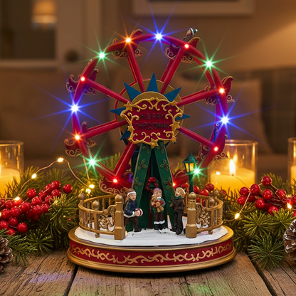 A lit-up Christmas moving ferris wheel with multicolored lights and figures seated on it, placed on a wooden surface.