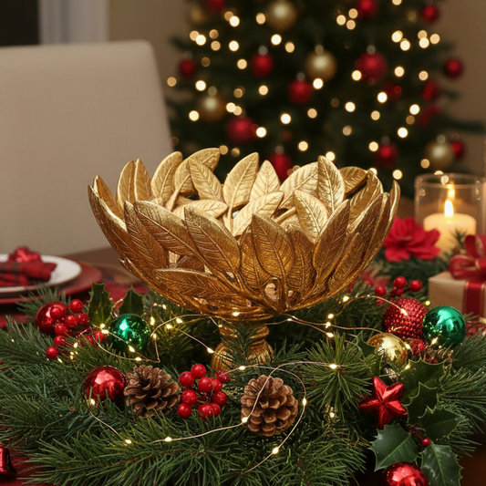 Vintage Style Gold Leaf Festive Bowl on Pedestal
