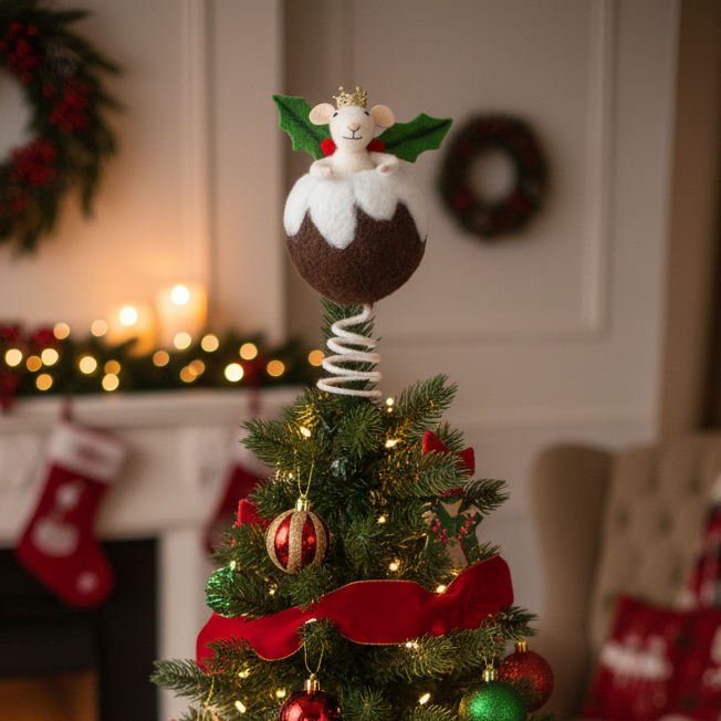 Mouse in Christmas Pudding Christmas Tree Topper