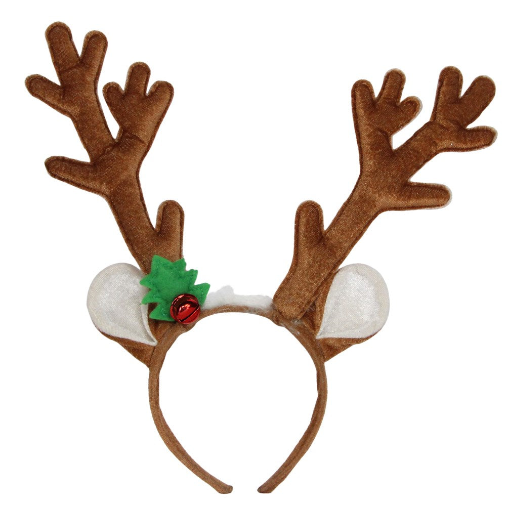 Reindeer antler headband with white balls and a red bell on a white background