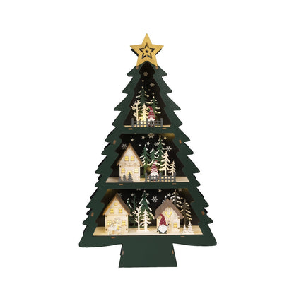 Wooden Christmas Tree Lit Village Scene