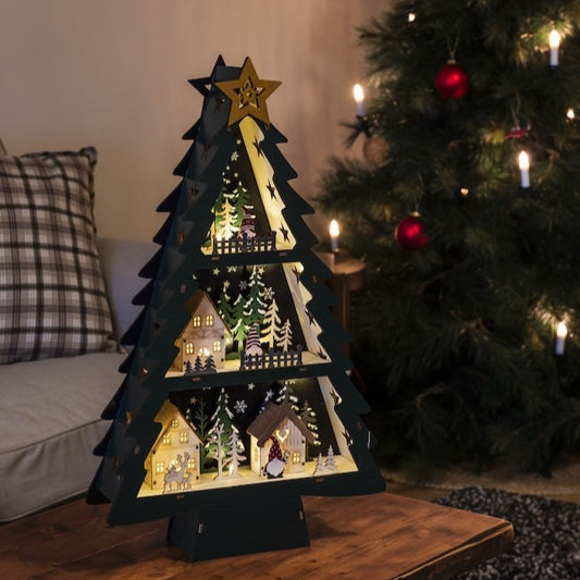 Wooden Christmas Tree Lit Village Scene