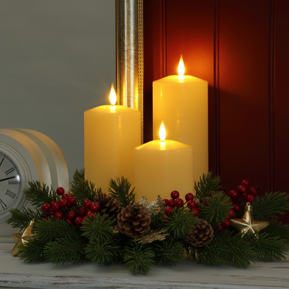 Set of 3 Large Ivory LED Wax Pillar Christmas Candles
