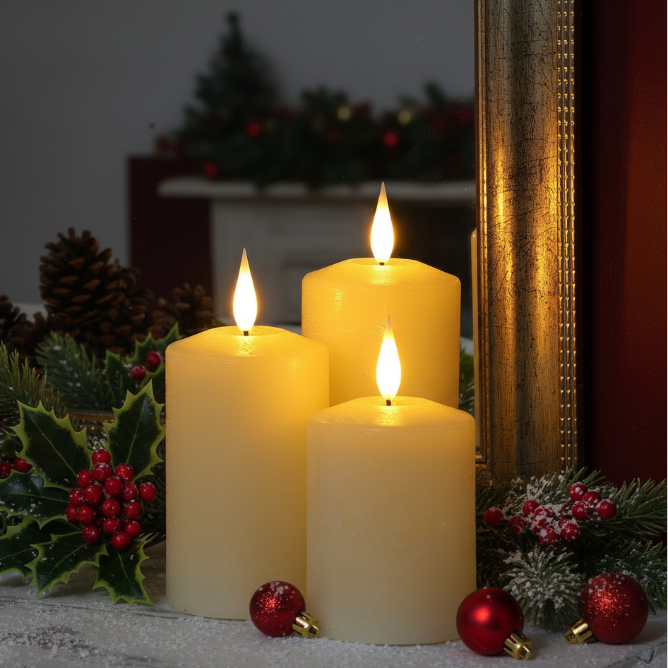 Three lit cream-colored pillar candles with glowing flames, styled on a snowy surface with red ornaments, holly, pinecones, and a gold mirror frame in a festive holiday setting.