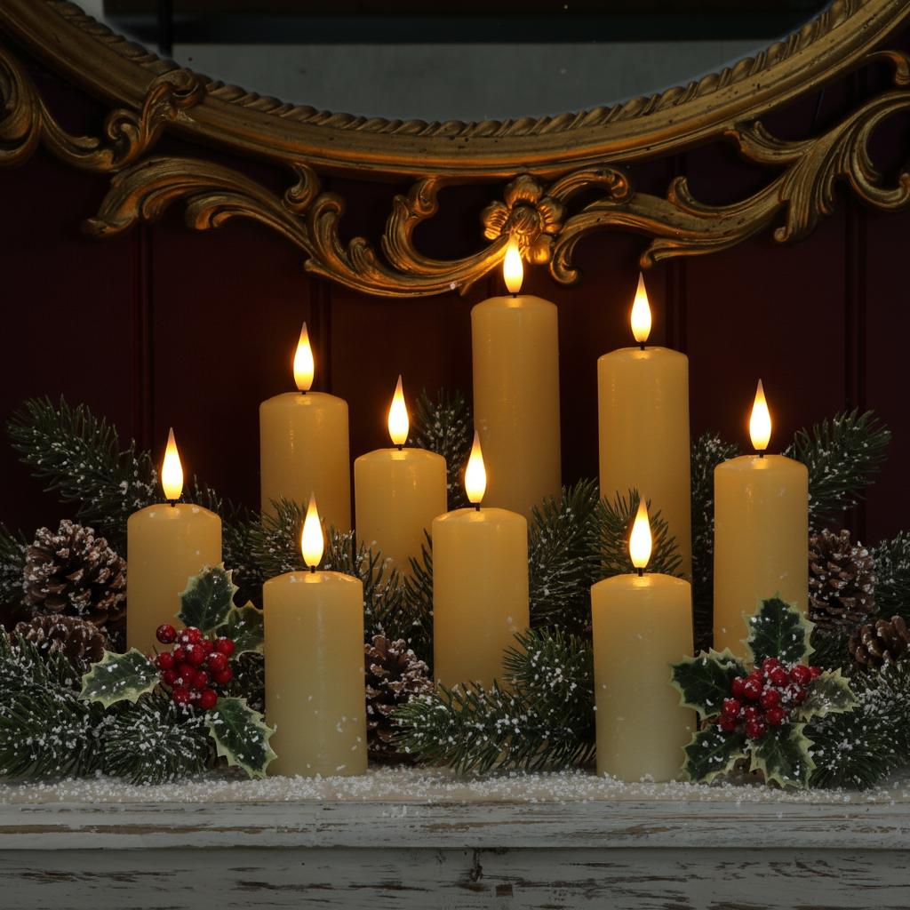 A set of nine lit pillar candles arranged in a festive holiday display with pine branches, snow-dusted greenery, red berries, and an ornate gold mirror frame above.