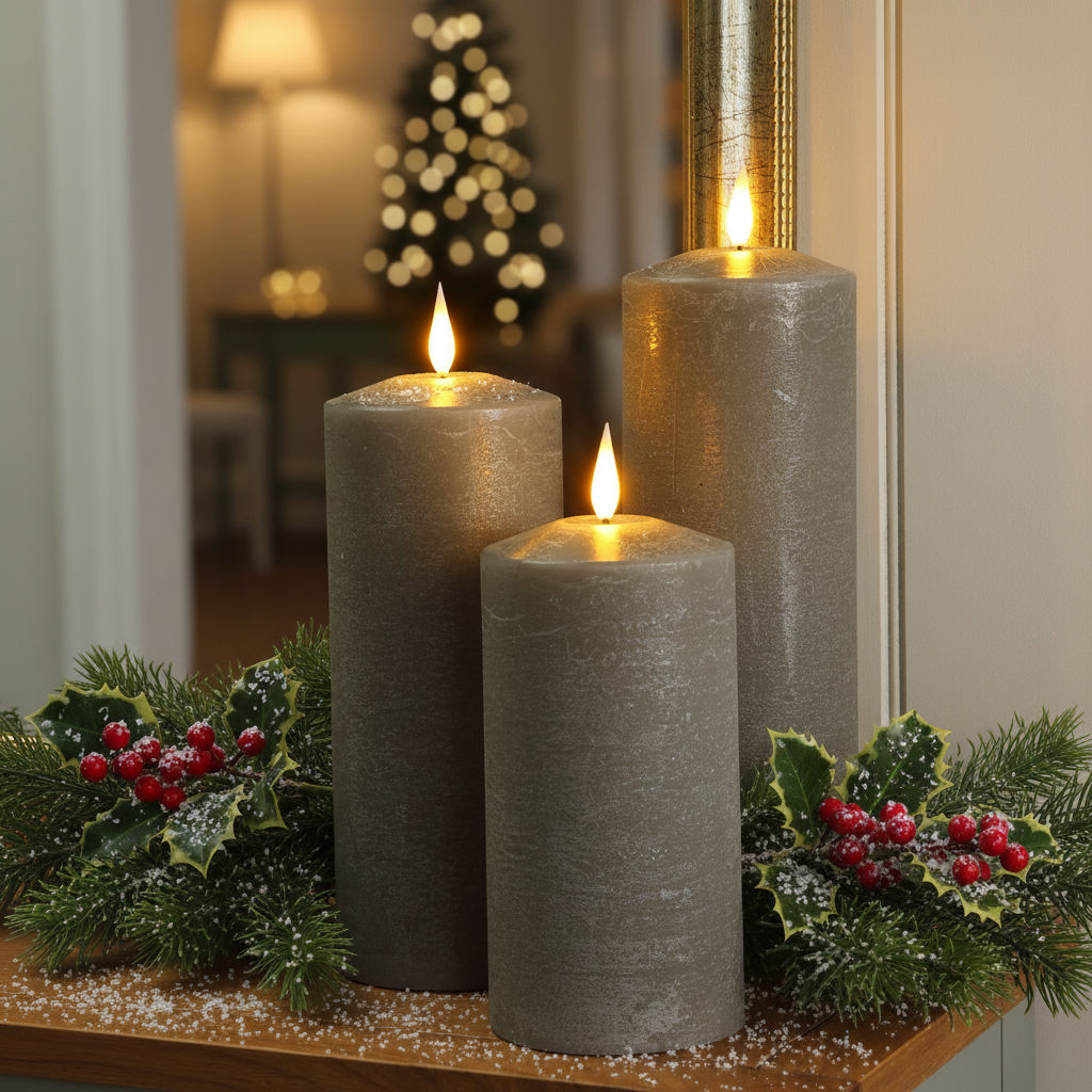 Three gray faux LED pillar candles with glowing flames are arranged on a wooden surface with green holly and pine branches decorated with red berries in a festive holiday setting.