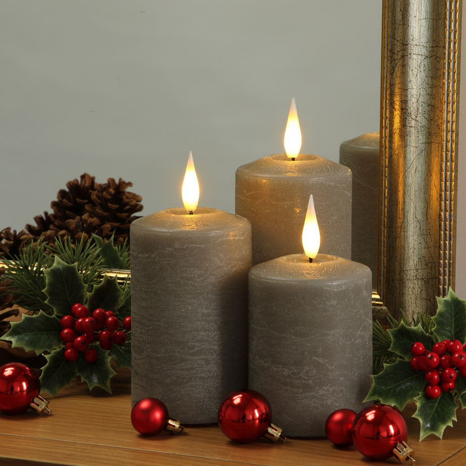 Set of 3 Medium Pewter LED Wax Christmas Pillar Candles